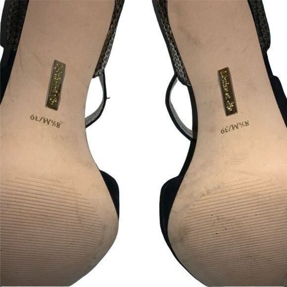 Louise Et Cie Black & Gold Ankle Strap Heels 3.5" Stiletto Open Toe Womens Size - Picture 6 of 6